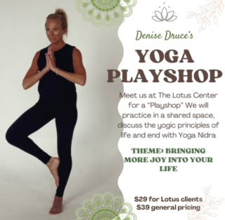 woman in yoga tree pose and information about playshop on a flyer