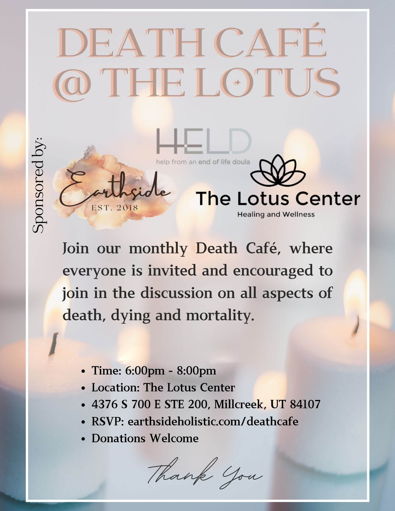 flyer for death cafe with candles in the background