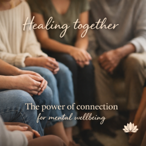 A small group of people sitting together in a circle with relaxed posture, symbolizing community connection, emotional support, and shared mental health experiences